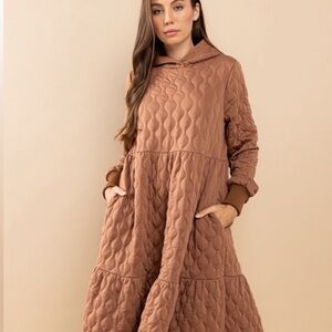 Quilted Brown Maxi Dress with Hoodie